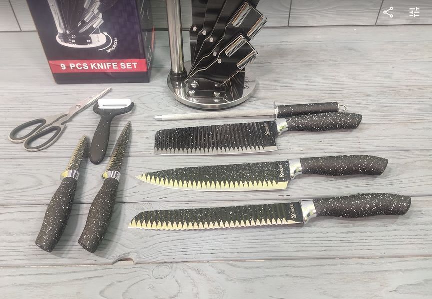 Набор ножей для кухни UNIQUE UN-1831 9 предметов на подставке с ножницами и овощечисткой UN-1831 фото