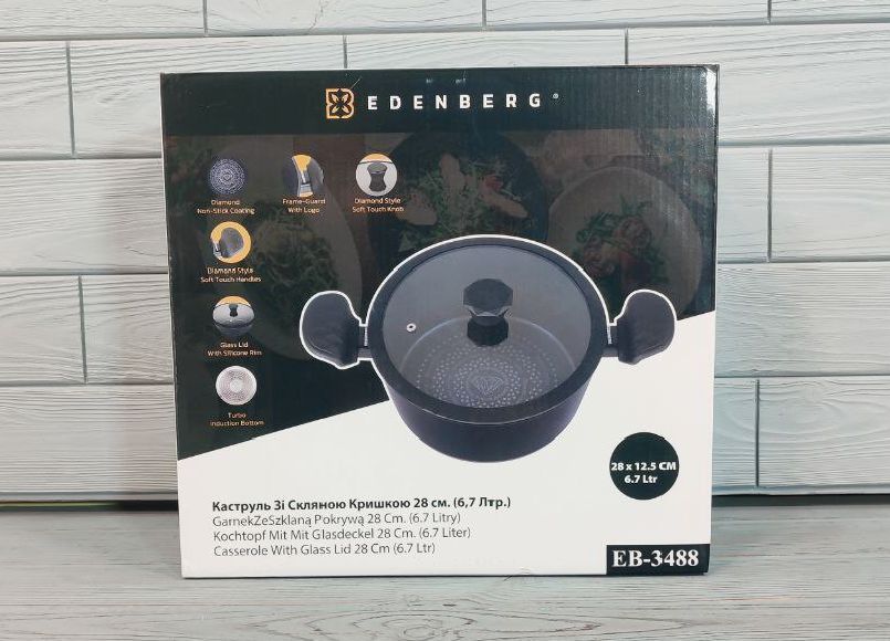 Глибокий казан-каструля Edenberg EB-3488 28 см з антипригарним алмазним покриттям і ручками EB-3488 фото