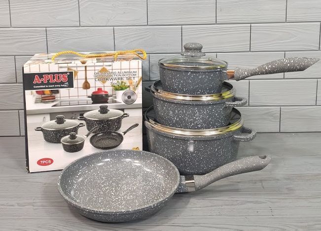 Набір казанів (кастрюль) з мармуровим покриттям A-Plus 1503 Набір кухонного посуду 7 предметів 1503-Черн фото