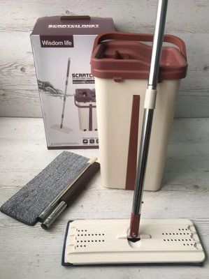 Швабра с ведром с автоматическим отжимом (2 смен. насадки) Flat Mop, поломойка, швабра для мойки полов 10051 фото