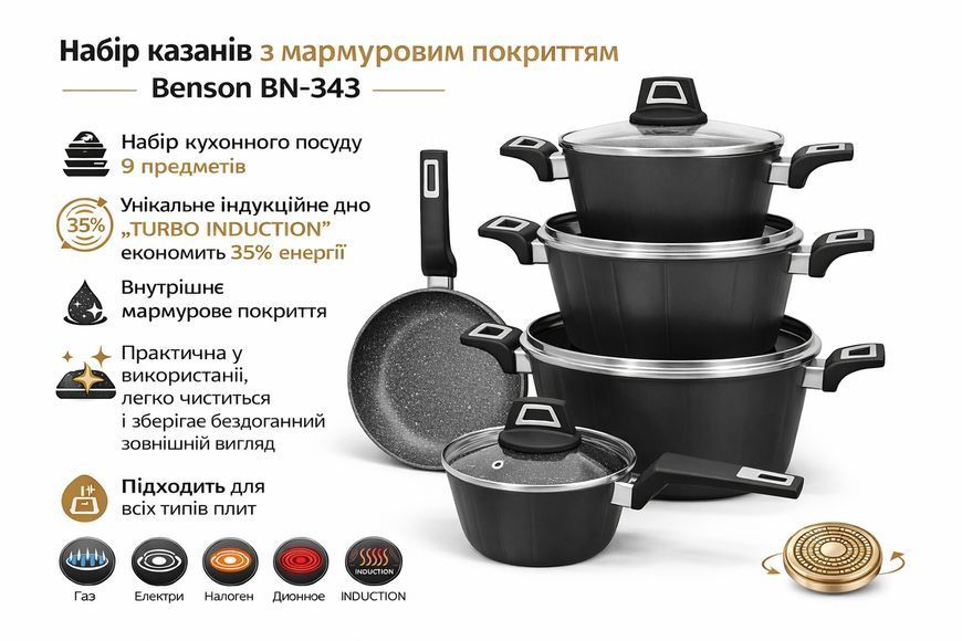 Набір казанів (кастрюль) з мармуровим покриттям Benson BN-343 Набір кухонного посуду 9 предметів BN-343 фото