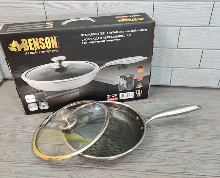 Сковорода з неіржавкої сталі 28 см Об'єм 2,8 л Benson Premium BN-442/Скородка професійна BN-442 фото
