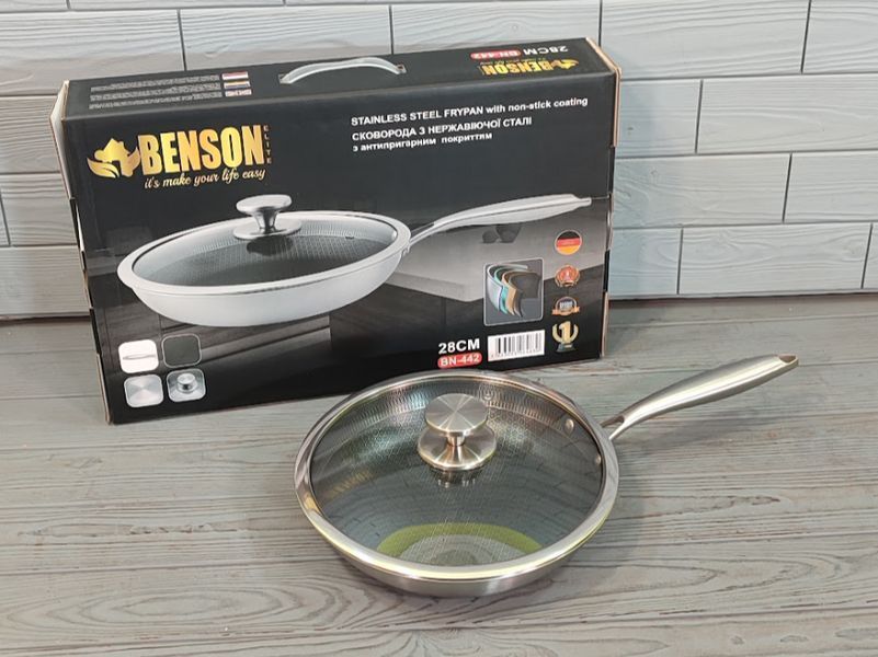 Сковорода з неіржавкої сталі 28 см Об'єм 2,8 л Benson Premium BN-442/Скородка професійна BN-442 фото