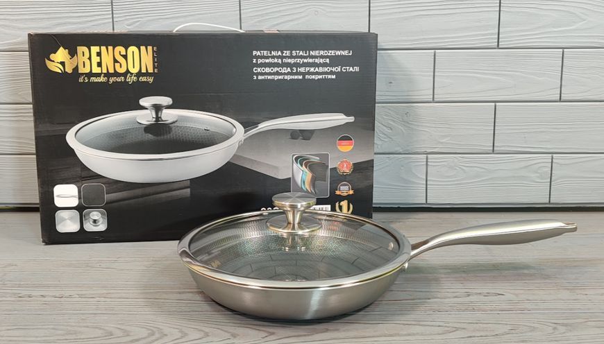 Сковорода з неіржавкої сталі 28 см Об'єм 2,8 л Benson Premium BN-442/Скородка професійна BN-442 фото