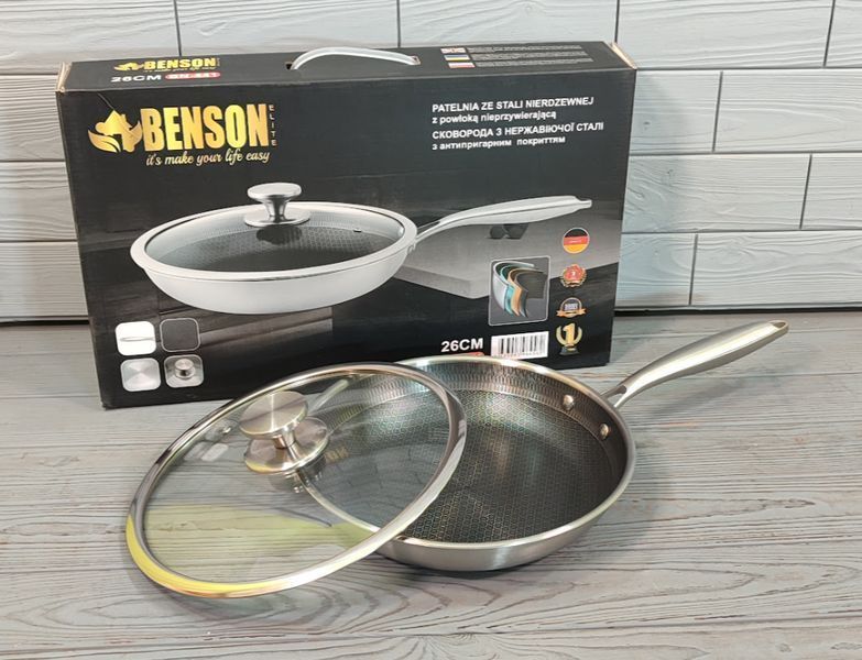 Cковорода из нержавеющей стали 26см Объем 2,3л Benson Premium BN-441 / Сковородка профессиональная BN-441 фото
