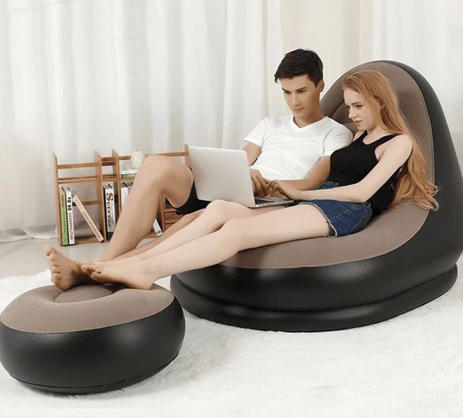 Надувное кресло с пуфиком для ног AIR SOFA Comfort 116х98х83см Черно-бежевый G-8019 фото