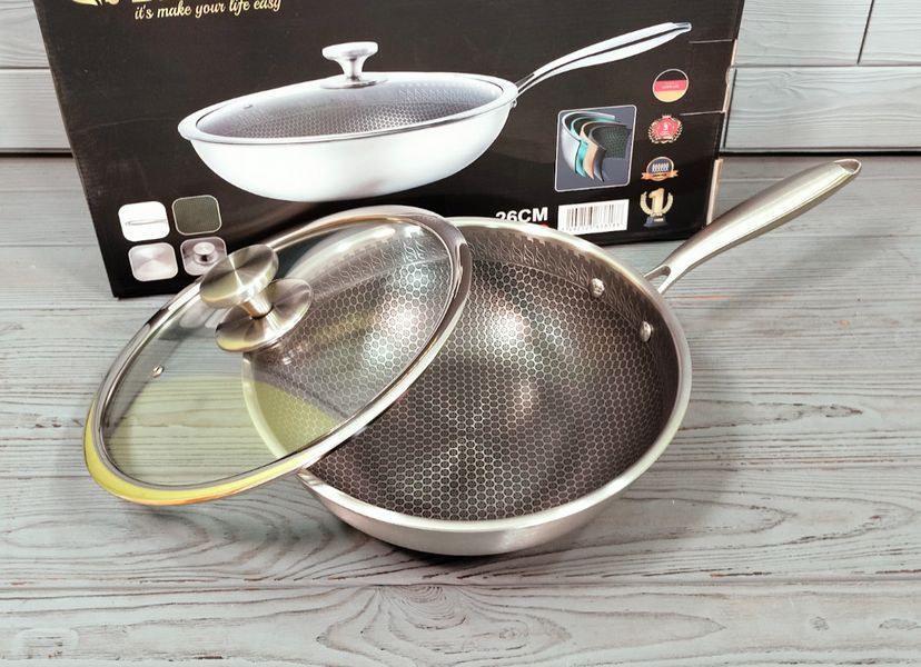 Cковорода глубокая WOK из нержавеющей стали 26см Benson BN-589 / Сковородка профессиональна BN-589 фото
