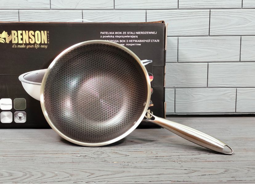 Cковорода глубокая WOK из нержавеющей стали 26см Benson BN-589 / Сковородка профессиональна BN-589 фото