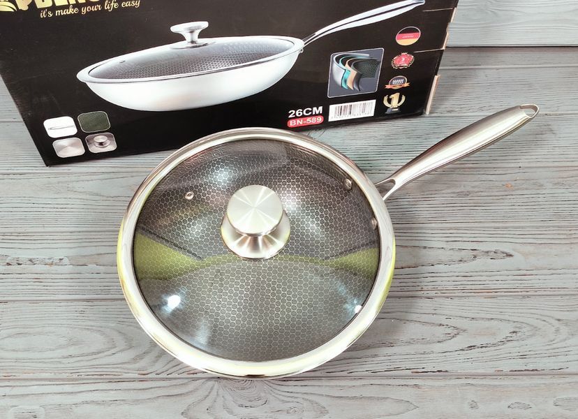 Cковорода глубокая WOK из нержавеющей стали 26см Benson BN-589 / Сковородка профессиональна BN-589 фото