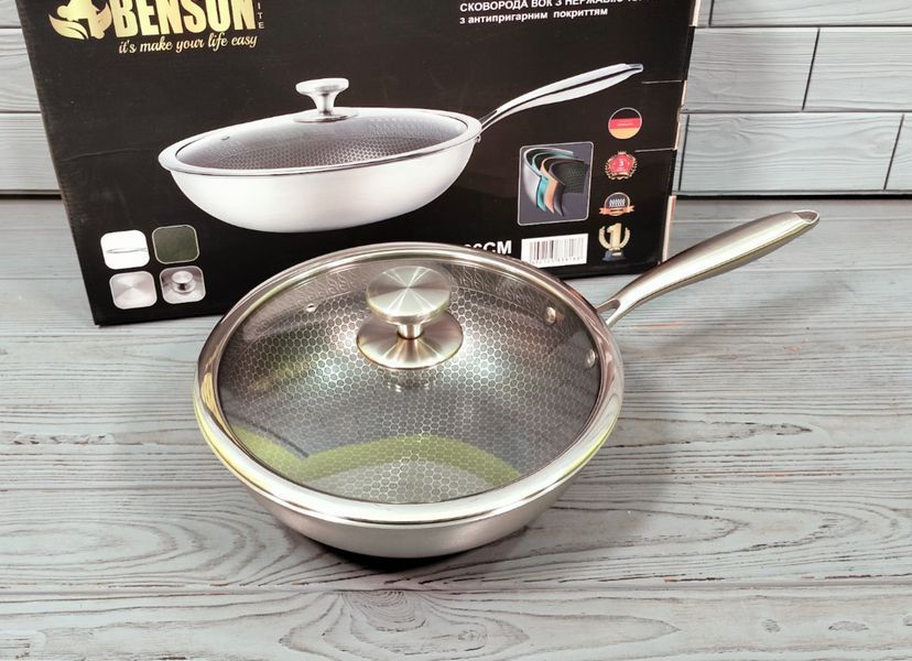 Cковорода глубокая WOK из нержавеющей стали 26см Benson BN-589 / Сковородка профессиональна BN-589 фото