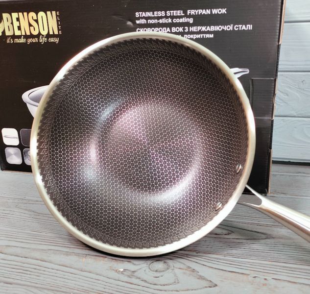 Кухонна сковорода WOK Benson BN-590 28 см з неіржавкої сталі, глибока професійна модель BN-590 фото