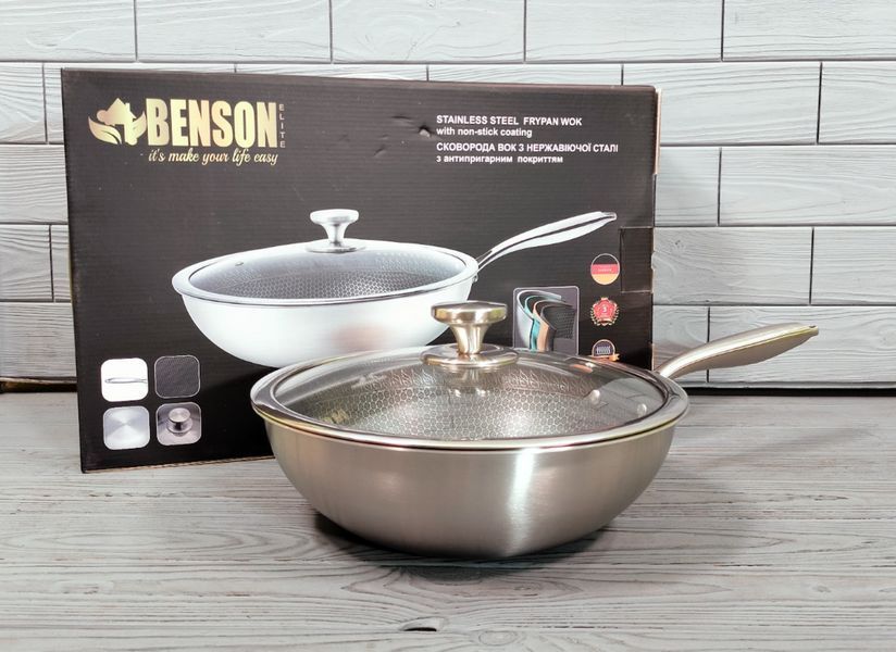 Кухонна сковорода WOK Benson BN-590 28 см з неіржавкої сталі, глибока професійна модель BN-590 фото
