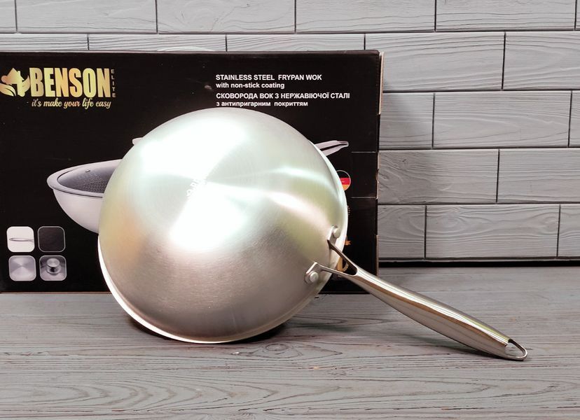 Кухонна сковорода WOK Benson BN-590 28 см з неіржавкої сталі, глибока професійна модель BN-590 фото