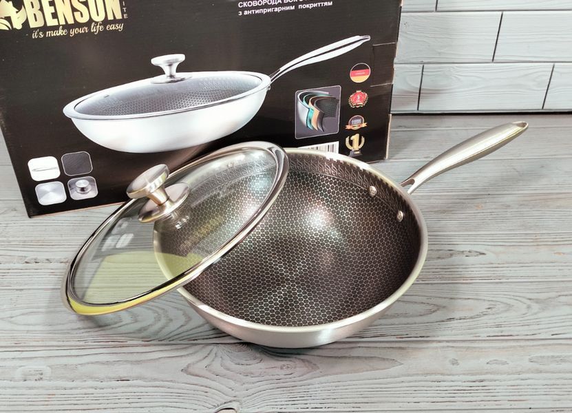 Кухонна сковорода WOK Benson BN-590 28 см з неіржавкої сталі, глибока професійна модель BN-590 фото