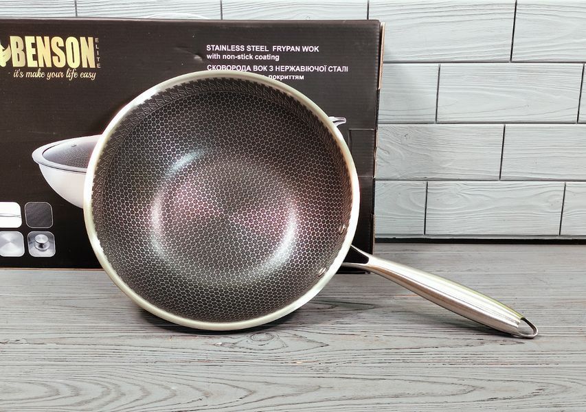 Кухонна сковорода WOK Benson BN-590 28 см з неіржавкої сталі, глибока професійна модель BN-590 фото