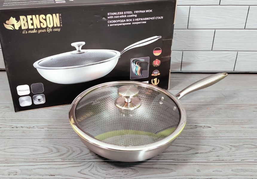 Кухонна сковорода WOK Benson BN-590 28 см з неіржавкої сталі, глибока професійна модель BN-590 фото