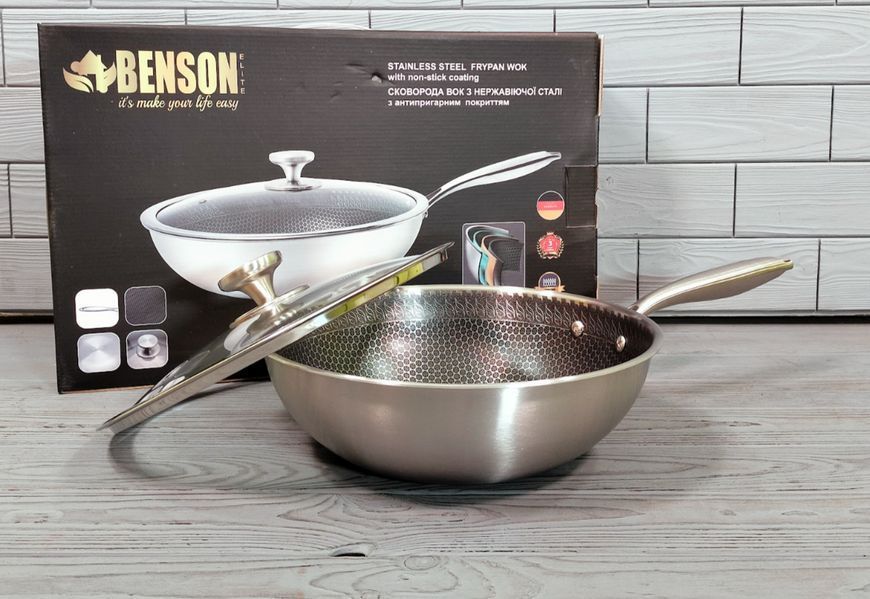 Кухонна сковорода WOK Benson BN-590 28 см з неіржавкої сталі, глибока професійна модель BN-590 фото