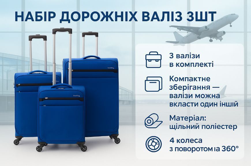 Набір дорожніх валіз 3 шт. на коліщатках LuxKing R30887 телескопічна ручка R30887-Синий фото