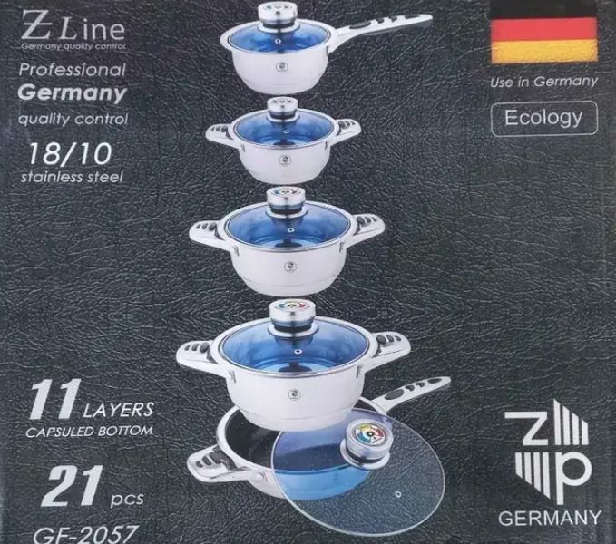 Набір посуду з неіржавкої сталі 21 предмет German Family GF-2057/Набір каструль + сковорода з товстим дном GF-2057 фото
