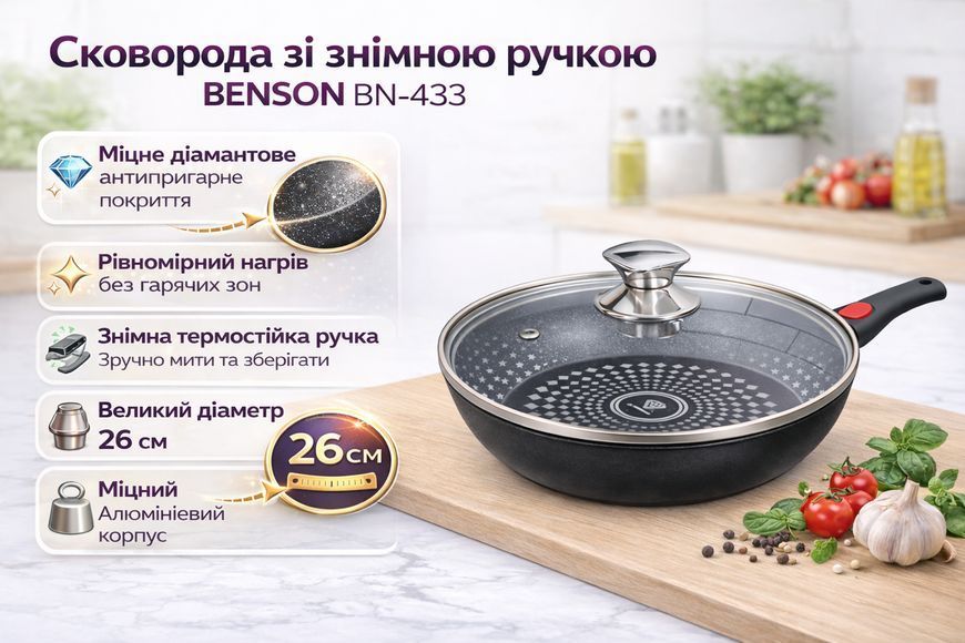 Універсальна сковорода BENSON BN-433 26 см, знімна ручка, скляна кришка, діамантове покриття BN-433 фото