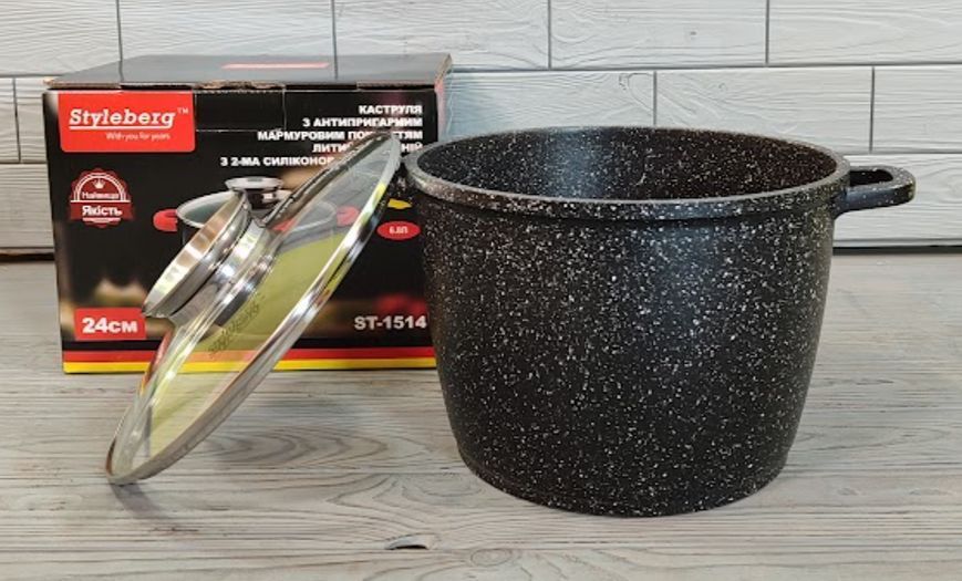 Глубокая кастрюля - казан 6,8л / 24*18см Styleberg ST-1514 с мраморным антипригарным покрытием и крышкой ST-1514 фото