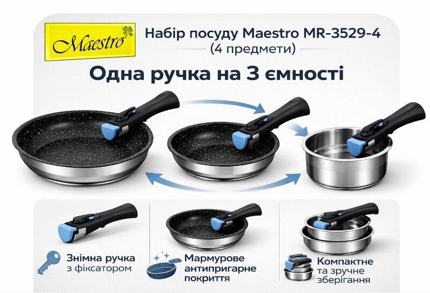 Набір каструль і сковорід Maestro MR-3529-4 зі знімною ручкою для всіх типів плит MR-3529-4 фото