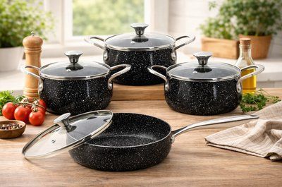 Набор кухонной посуды Styleberg 1526 (16/18/20 см кастрюли+24 см сковородка) 8пр антипригарное мраморное покрытие ST-1526 фото