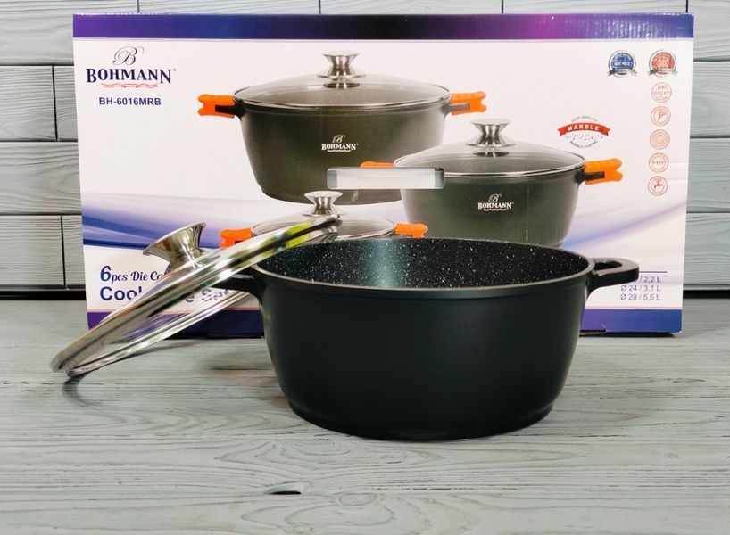 Набор кастрюль 6 предметов Bohmann BH-6016 / Набор казанов с мраморным антипригарным покрытием BH-6016 фото