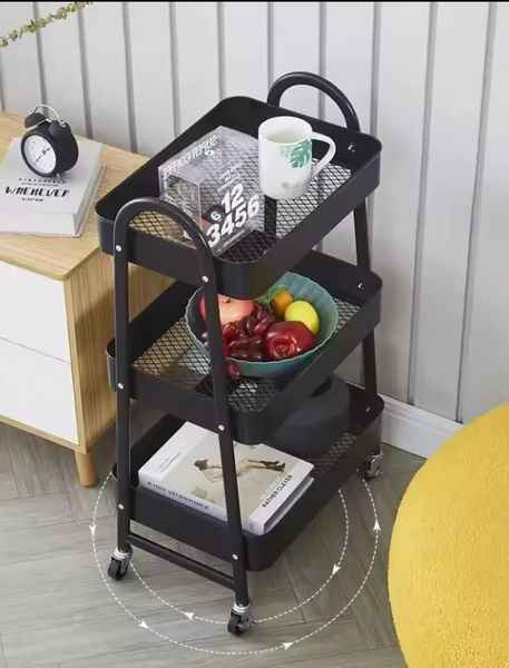 Етажерка  Чорна 3-ярусна складана на колесах Stenson R93509-W, універсальний візок для косметики та аксесуарів 39*45*77см R93509-B фото