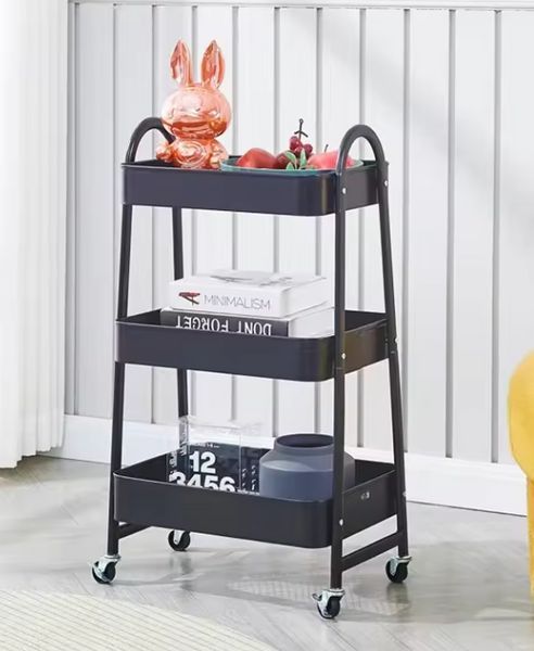 Етажерка  Чорна 3-ярусна складана на колесах Stenson R93509-W, універсальний візок для косметики та аксесуарів 39*45*77см R93509-B фото